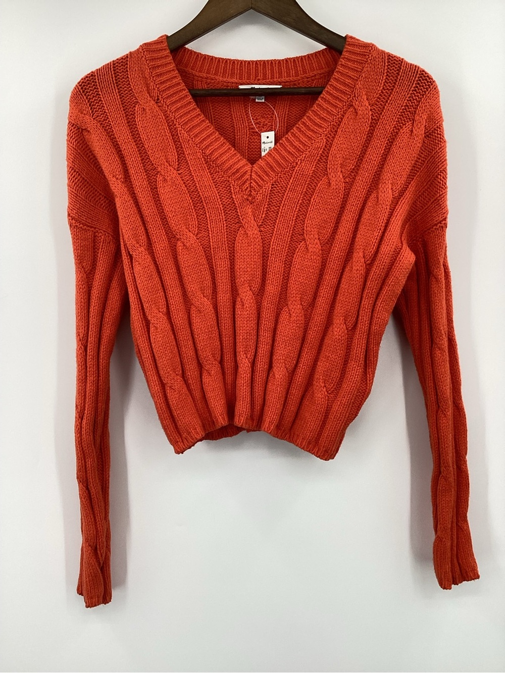 Madewell Orange Cable Knit V-Neck Sweater